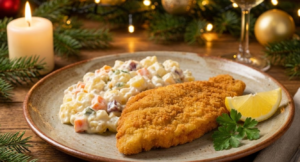 Bez bramborového salátu by to nebyly Vánoce. Vizualizace. FOTO: Redakce Kroniqa.cz prostřednictvím GEMINI