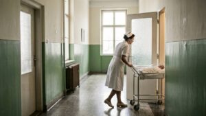 Nurse in a white uniform pushes a wheeled stretcher with a patient down a pale green hospital corridor.