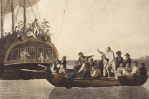 Hundreds of sailors crowd the deck of the ship Bounty, with a smaller boat nearby as rescuers reach toward passengers in the water/shore.