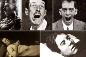 Collage of five vintage photos: a side-profile of a soldier, two men screaming with mouths wide open, a reclining woman, and a close-up man smiling manically in black-and-white.