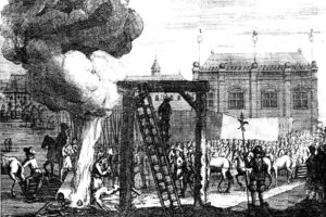 Public execution by burning at the stake in a town square, with a burning wood frame, crowd gathered, and mounted soldiers nearby.