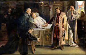 A dramatic historical scene with a woman lying on a bed as several men in period clothing attend her, one kissing her hand while another in fur looks on, a kneeling figure on the left, and a monk praying on the right.