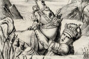 Medieval engraving of a crowned knight in ornate armor, lying on the ground with a horse nearby in a wintry landscape.