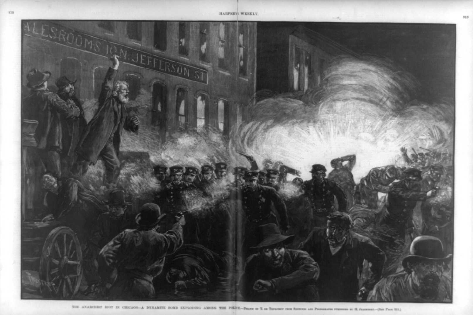 Anarchisté vhodili do davu na Haymarket bombu, FOTO: <a href="https://commons.wikimedia.org/wiki/File:The_Anarchist_Riot_in_Chicago_-_A_Dynamite_Bomb_exploding_among_the_police_(McCormick_Strike,_Haymarket_Square)_LCCN99614182.tif">Miscellaneous Items in High Demand, PPOC, Library of Congress</a>, Public domain, via Wikimedia Commons