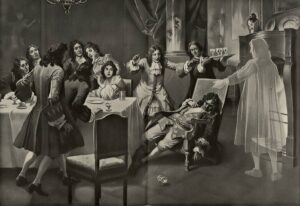 A group of 18th-century-dressed people react in a parlor as a man in a chair appears unconscious while another figure in a white robe points and gestures toward him.