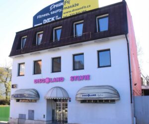 White multi-story building with a purple upper section and a pink 'DISCOLAND Sylvie' sign, two curved gray storefront canopies.**