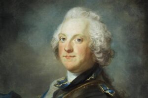 Portrait of an 18th-century gentleman with powdered white hair, wearing a formal uniform with a blue sash (oil painting).