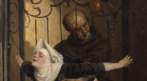 A nun-like figure in a white coif and black robe struggles against iron bars in front of a shadowy, bearded figure behind them.