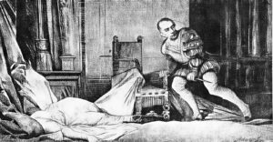 A person wearing armor leans over a bed, holding a knife, while another figure lies under the blanket in a dim room.