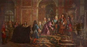 A 17th‑century royal court scene in a richly decorated hall with courtiers watching a kneeling figure before a standing noble mound of officials around a throne-like chair.