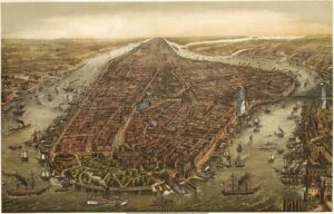 Bird's-eye view illustration of a 19th-century port city with a long central avenue, dense brick buildings, and ships in wide rivers on both sides.
