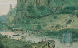 A pastoral hillside scene with a river, a distant castle, and small figures gathering along the shore and in a grassy meadow; a blue-green landscape painting style.