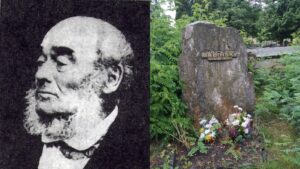 Left: close-up grayscale portrait of a bearded man facing left, likely historical figure. Right: tall stone memorial with 'BABINSKY' plaque and floral tributes around it in a green park.