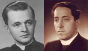 Two side-by-side portraits of a young man in a clerical collar, one black-and-white and one sepia-toned in color.