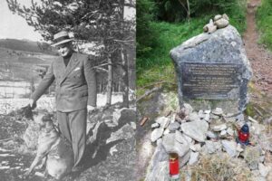 Split image: black-and-white photo of a man in a suit and hat standing on a rocky hillside beside a modern photo of a stone memorial with a plaque and cairns on a trail. (informative)