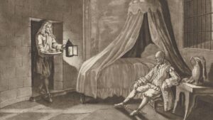 Noble in a gilded gown sits chained to a chair beside a four-poster bed while a servant enters with a lantern and tray.