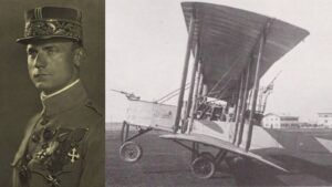 Portrait of a WWI-era officer with many medals on his chest, wearing a decorated peaked cap. Left panel shows a formal military portrait; right panel features an early biplane on a tarmac.