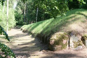 Dirt path winding through a shady forest beside a grassy, mossy earthen embankment and exposed rocks on the right.