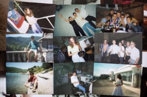 Collage of vintage photos: friends at gatherings, vacations, and parties.