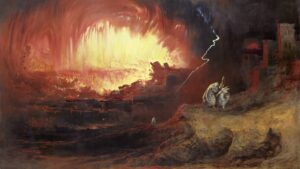 Dramatic 19th-century painting of a burning coastal city with a massive fiery blast; two robed figures on a rocky cliff observe the scene.