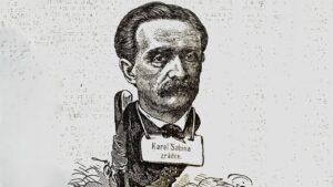 Caricature of Karel Sabina with a sign reading 'Karel Sabina zrádce' (traitor).