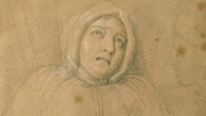 Pencil sketch of a woman in a headscarf, looking up with a sad, thoughtful expression.