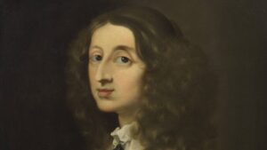 Portrait painting of a young woman with long, curly brown hair and pale skin, wearing a white ruffled collar against a dark background, looking slightly to the left.