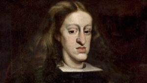 Oil painting portrait of a woman with pale skin, light brown hair, and a somber expression against a dark background, with visible craquelure in the varnish.