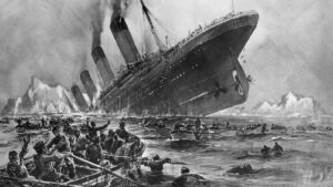 Titanic sinks as lifeboats drift away and passengers battle cold Atlantic waters as the liner tilts to starboard in a chaotic evacuation.