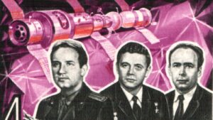 Three men in suits posed in front of a pink, geometric space-age backdrop with machinery behind them