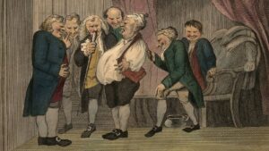 Group of men in 18th-century dress crowd around a central figure on a stage-like platform.