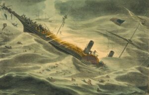 Ship tipping and sinking in rough seas with passengers clinging to the hull and lifeboats nearby