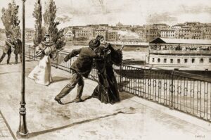 Victorian couple kissing on a riverside promenade while a spectator watches; cityscape in the distance.