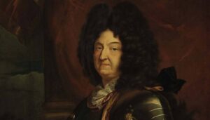 Formal oil portrait of a 17th-century nobleman in armor, with a black curly wig and lace collar.