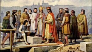 Karel IV. pokládá zákadní kámen k novému mostu, FOTO: Josef Mathauser, Public domain, via Wikimedia Commons