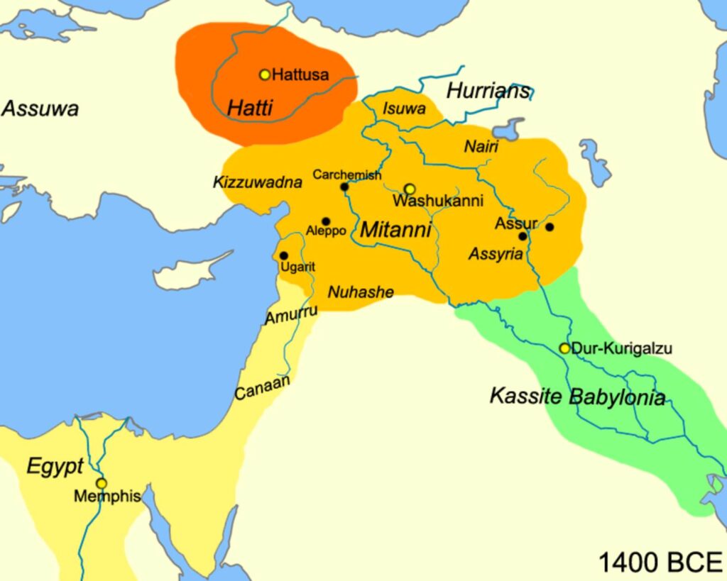 Mapa místa, kde se mělo Waššukanni nacházet, FOTO: <a href="https://commons.wikimedia.org/wiki/File:Near_East_1400_BCE.png">Javierfv1212</a>, Public domain, via Wikimedia Commons